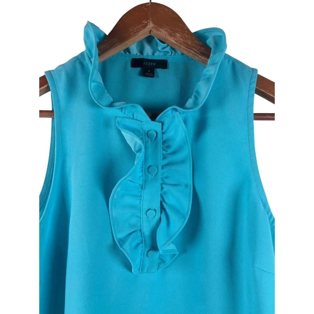 J. Crew‎ Womens Sleeveless Ruffle Collar Button Blouse Top Turquoise Small